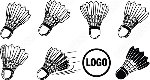 Professional badminton shuttlecock icon set with various flight angles and logo placeholder for sports club and tournament branding