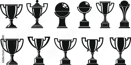 Set of trophy award icons, winner champion cup silhouettes, sports competition prizes, achievement symbols, flat vector black graphic elements isolated on white background, reward illustrations.