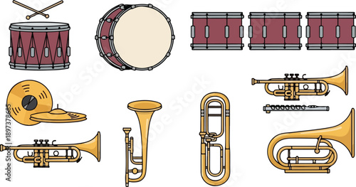 Assorted musical instruments arranged neatly for a marching band performance outdoors