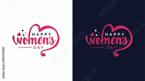 Happy Women's Day Text with Heart and Hearts Design on White and Dark Backgrounds lettering typography