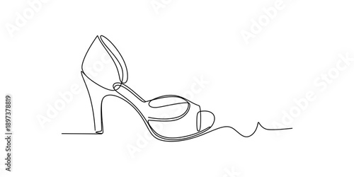 A stylish high-heeled shoe sandal in continuous one line art drawing on a clean white background isolated on white background, Vector, illustration