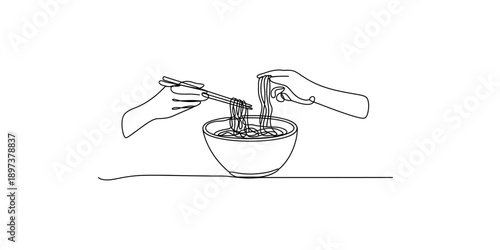A continuous line drawing illustration showing two hands eating noodles from a bowl with chopsticks isolated on white background, Vector, illustration
