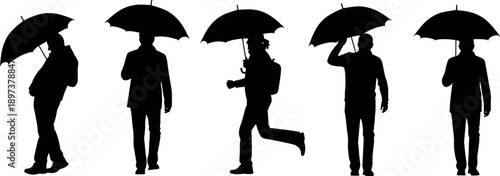 Black silhouettes of people walking with umbrellas in the rain set of diverse men and women figures isolated on white