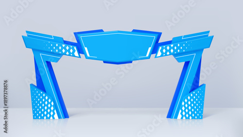 Exhibition blue event arch gate, realistic 3d vector modern entrance or gateway. Architectural arc mockup with geometric patterns and central signage area. Entry for conferences or corporate events