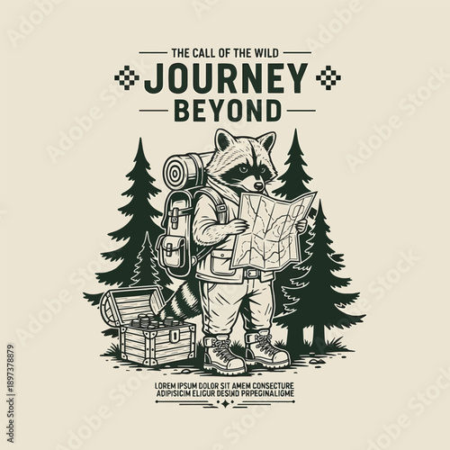 Vintage Raccoon Explorer Illustration with Backpack and Map for Adventure Travel and Outdoor Branding