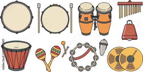 Assorted Musical Instruments Including Drums and Percussion Elements on White Background, Viewed from a Straight-On Perspective