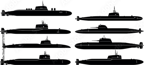 Collection of Detailed Submarine Silhouettes Featuring Various Modern Naval Vessels Nuclear Power Designs and Underwater Stealth Warfare Military Vector Art