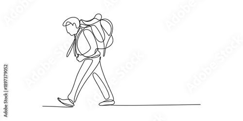 A man in business attire walks carrying a large backpack in continuous line art Vector, illustration