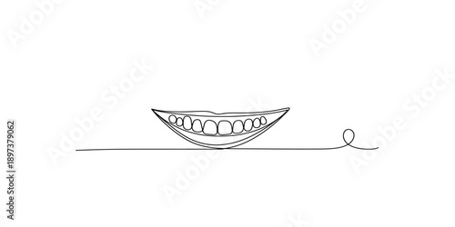 A continuous line art illustration showing a smiling mouth with teeth against a white background. isolated on white background, Vector, illustration