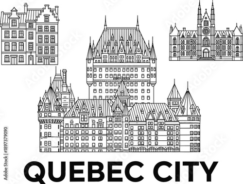 Quebec City Canada historic architectural landmark icons featuring Chateau Frontenac and parliament building for travel and tourism design.