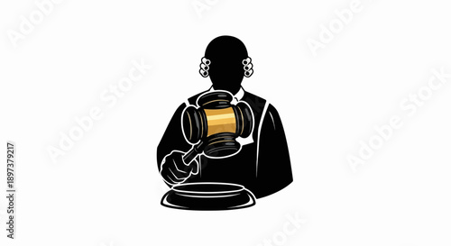 Silhouette of a judge in wig and gown holding a golden gavel over a sounding block, white background