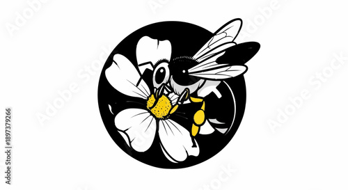 Cartoon bee with black, white, and yellow colors pollinating a white flower with a yellow center on a black circle