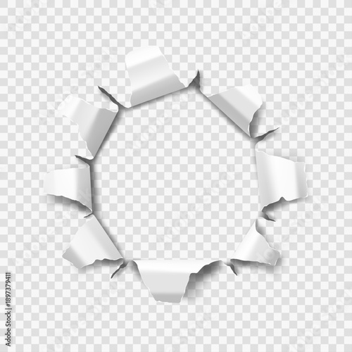 Torn paper hole with ripped edges revealing transparent background, realistic paper tear frame isolated on white.