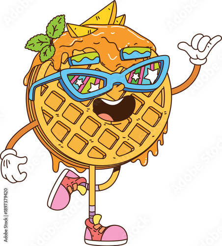 Retro cartoon cheerful groovy Belgian waffle vector character with fruit pieces, mint leaf and jam. Round funky wafer food dessert personage in hippie glasses, vintage sneakers flashing shaka gesture