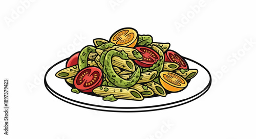 An illustrative serving of penne pasta with red and yellow tomatoes, tossed in a vibrant green sauce, on a white plate