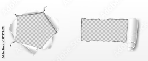 Torn paper with holes with torn edges revealing transparent background, realistic paper tear frame isolated on white.