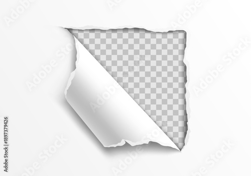 Torn paper hole with ripped edges revealing transparent background, realistic paper tear frame isolated on white.