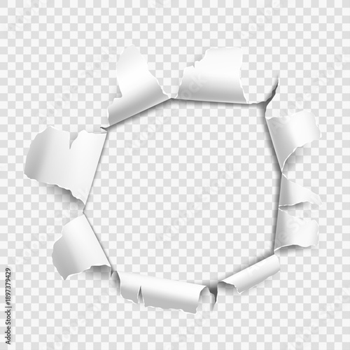 Torn paper hole with ripped edges revealing transparent background, realistic paper tear frame isolated on white.