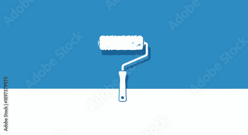Minimalist illustration of a white paint roller applying white paint onto a blue wall