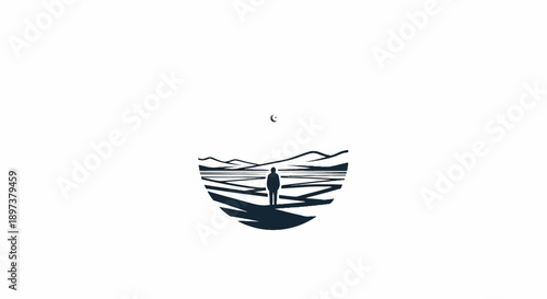 Minimalist silhouette of a person standing in a vast landscape with mountains and a crescent moon