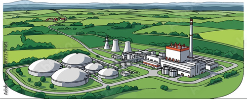 An illustrated aerial view of an industrial power plant with multiple storage tanks and cooling towers