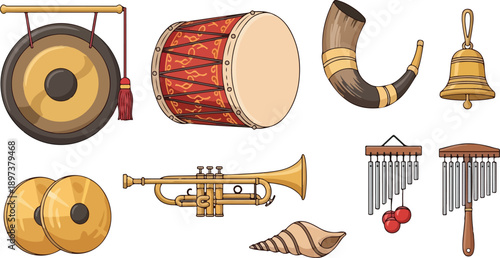 Assorted musical instruments including drums, trumpets, and bells displayed in a digital illustration from a straightforward viewpoint