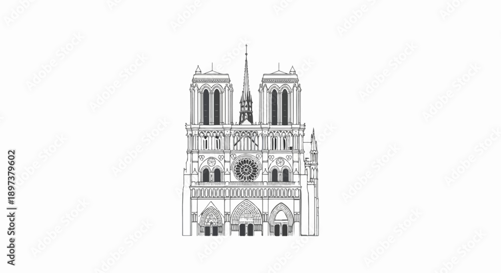 Fototapeta premium Detailed line art illustration of a historical Gothic cathedral facade on a plain white background