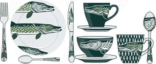 Various dining items like plates, cutlery, and cups, each decorated with stylized green and gray pike illustrations