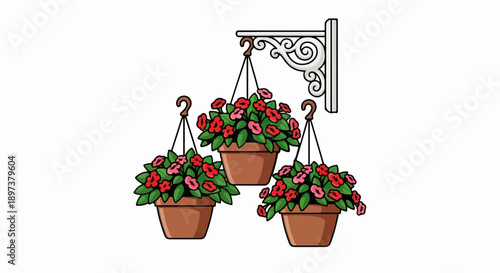 Three hanging flowerpots filled with red and pink flowers and green leaves, with a decorative white bracket