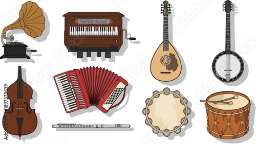 A collection of various musical instruments arranged neatly on a plain white surface viewed from directly above