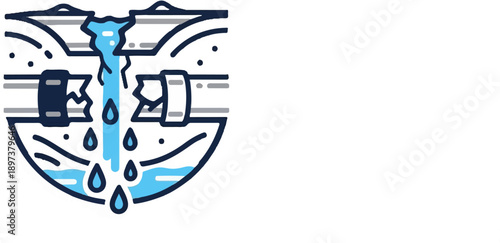 Illustration of a burst underground pipe with water gushing out and dripping into a pool below