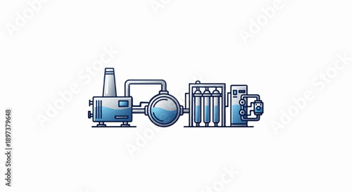 Stylized illustration of a water purification or treatment system with tanks, filters, and pipes, blue liquid visible