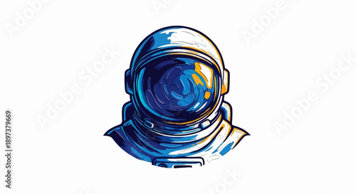 Stylized blue and white astronaut helmet with a reflective visor showing abstract space or galaxy patterns