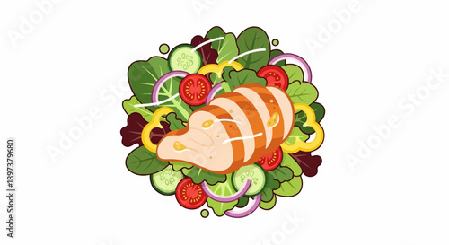 An appetizing illustration of a healthy salad with sliced grilled chicken breast and fresh vegetables