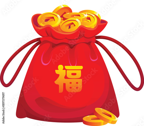Chinese lucky bag or money fortune red pouch with golden coins, vector Asian wallet purse. Chinese lucky pouch bag with hieroglyph greeting wish for lunar New Year or Feng Shui prosperity hebao symbol