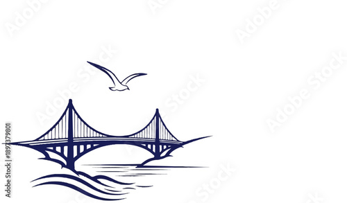 Simple dark blue illustration of a suspension bridge over water with a graceful seagull flying above