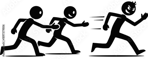 Three black stick figures in a dynamic pursuit. One is chasing, another smiling, and the third flees mischievously