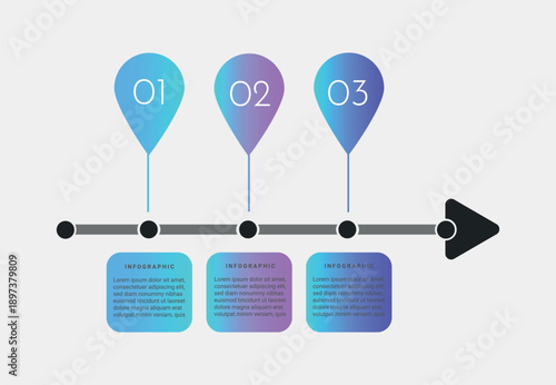 Modern timeline infographic with map pin pointers and 3 steps process