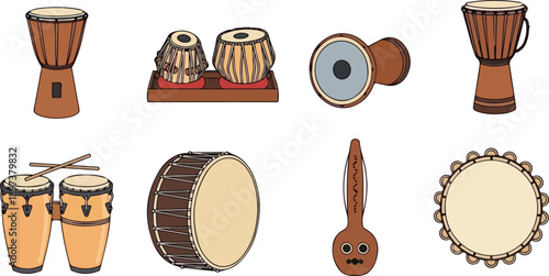 Assorted traditional drums and percussion instruments displayed together in a collection