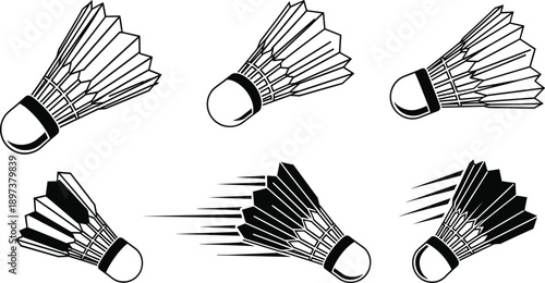 Set of badminton shuttlecock icons in various angles with motion speed lines for sports tournament and fitness design