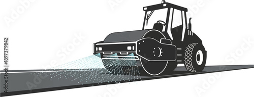 An illustration of a road roller spreading liquid, likely water or asphalt binder, onto a newly laid road