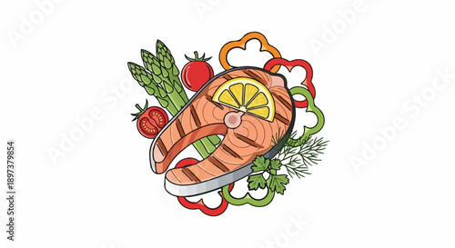 Grilled salmon steak illustration with lemon, asparagus, tomatoes, bell peppers, parsley, and dill