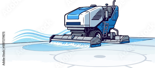 An ice resurfacing machine in blue and white colors smoothing the surface of an ice rink