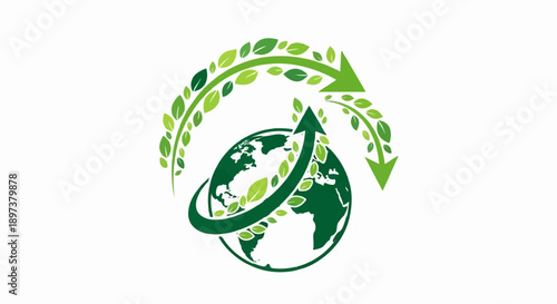 Green globe with leaf-filled arrows, symbolizing global sustainability, ecology, growth, and recycling