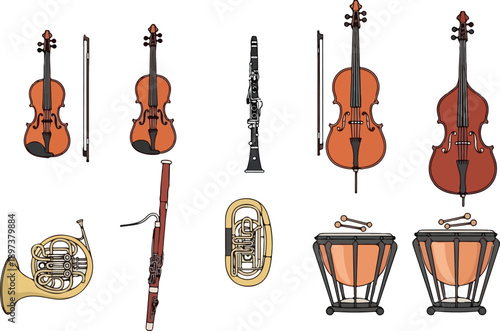 Assorted musical instruments including violins, clarinet, and drums displayed together in a collection