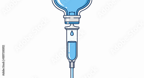 An illustration of a medical intravenous drip setup with a clear bag and blue fluid flowing downwards