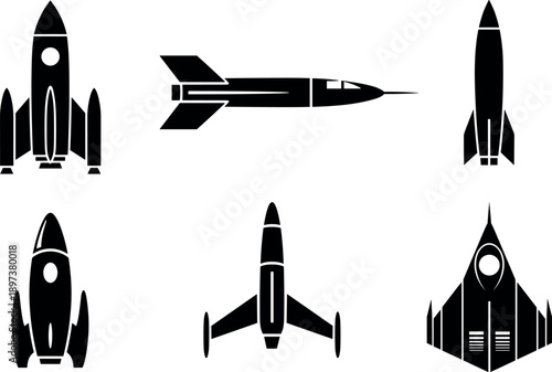 Retro Space Rocket Icons Set Minimalist Black Silhouette Spaceship Illustrations Vintage Galactic Exploration Symbols Futuristic Science Fiction Aircraft Vector Graphics
