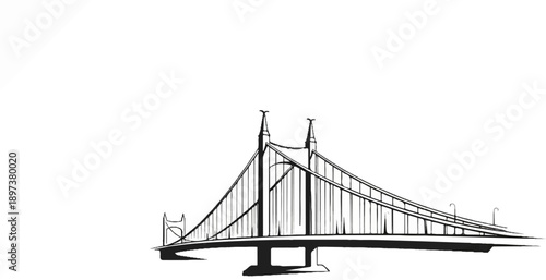 Minimalist black and white line art of a grand suspension bridge, featuring prominent towers and many cables