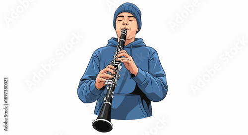 Illustration of a young person in a blue beanie and hoodie playing a black clarinet, eyes closed