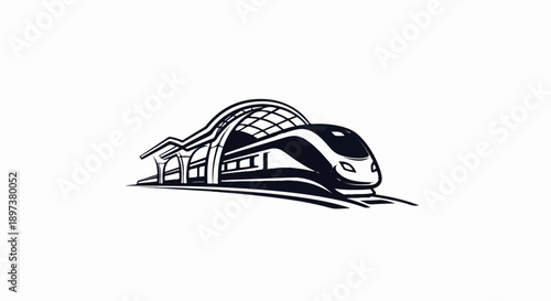 Black and white illustration of a modern high-speed train arriving at a station platform, sleek design